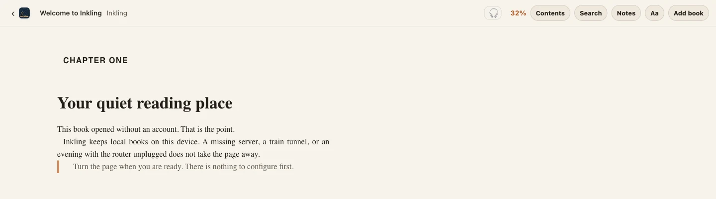 The reading view showing a chapter titled Your quiet reading place, with contents, search, notes, and typography controls in a slim top bar