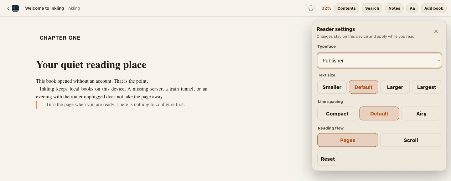 The reader settings panel open over a page, showing typeface, text size, line spacing, and reading flow controls