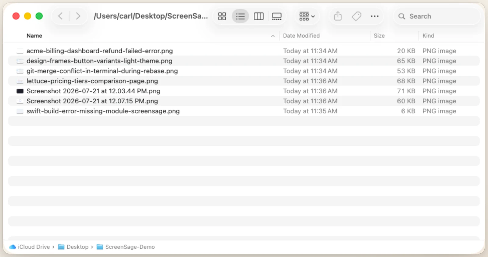 A Finder window showing screenshots with descriptive filenames like acme-billing-dashboard-refund-failed-error.png alongside two unprocessed Screenshot 2026-07-21 files