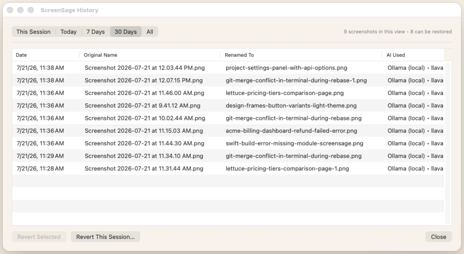 The ScreenSage History window listing nine renames with original name, new name, and which AI produced each one